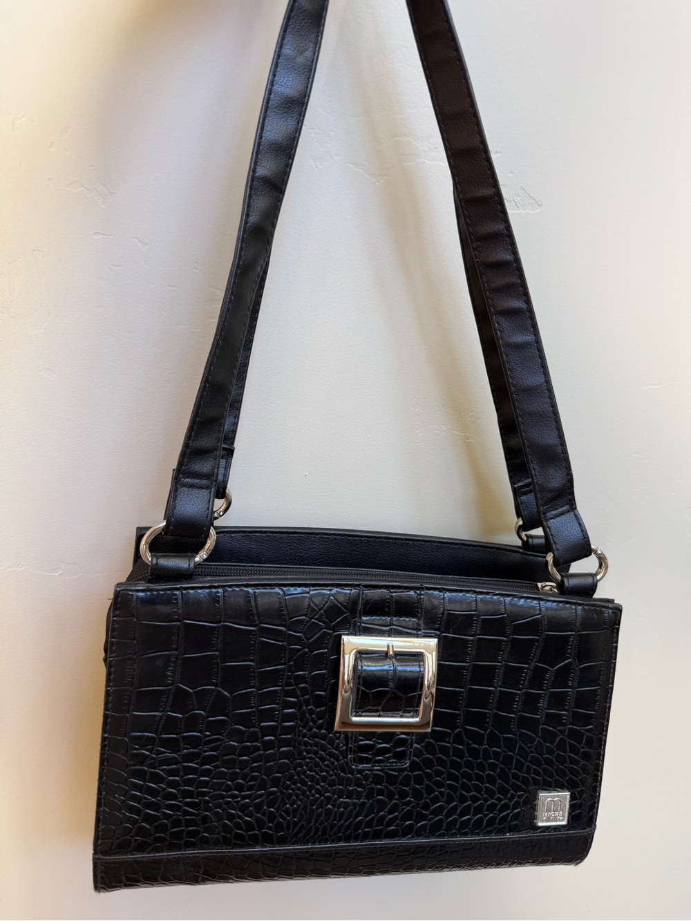 MICHE Black Croc Embossed Satchel Shoulder Bag Faux Leather Silver Buckle